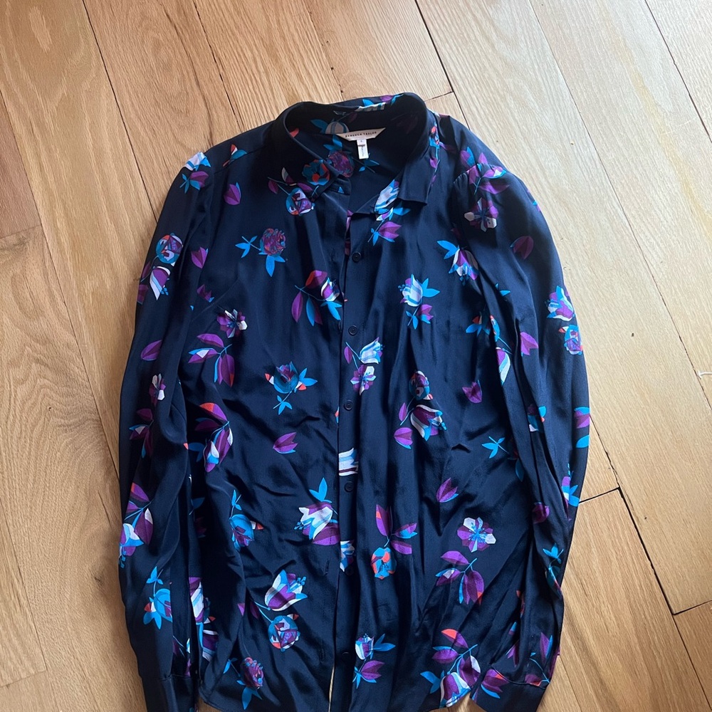 Rebecca Taylor Navy Button-Up Blouse with Purple & Teal Floral